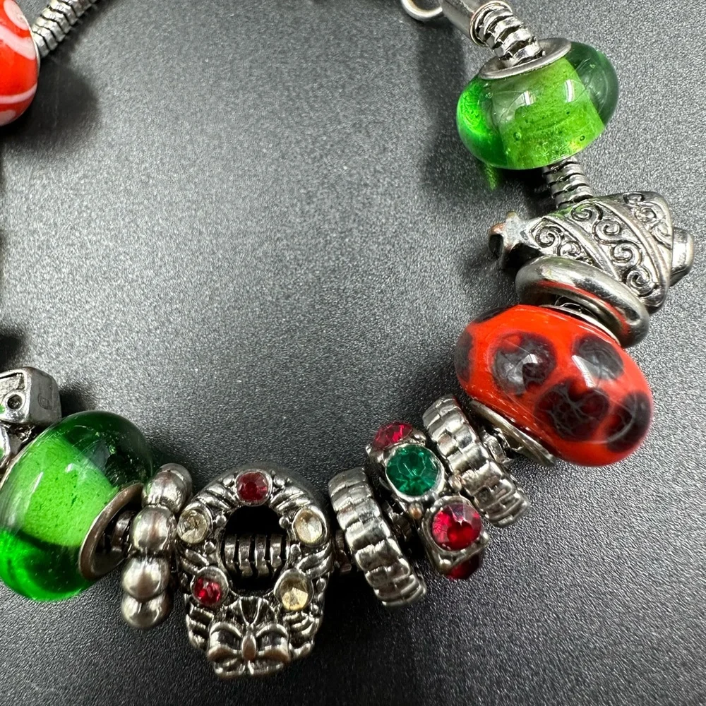 Christmas Slider Charm Bracelet Tree Wreath Bell Glass Beads